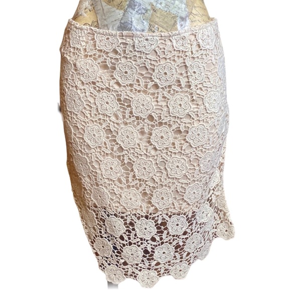 🐚 CROCHET SKIRT Tan Creme Nude Sans Souchi floral Cotton festival skirt Sz L - Picture 1 of 10